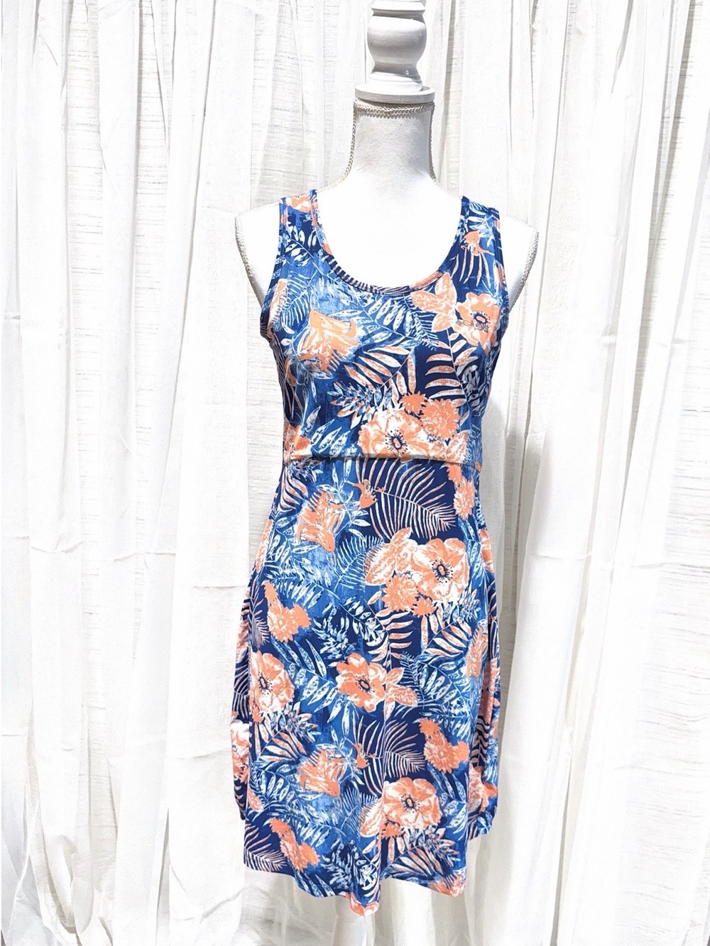 Sleeveless Blue Floral One-Piece Swim Dress with Coral Accents